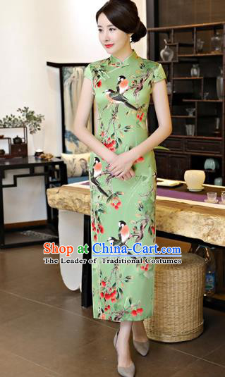 Chinese National Costume Tang Suit Printing Green Satin Qipao Dress Traditional Cheongsam for Women