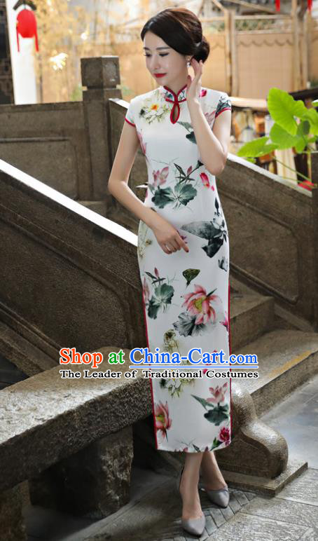 Chinese National Costume Tang Suit Ink Painting Lotus Qipao Dress Traditional Cheongsam for Women