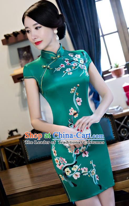 Chinese Top Grade Retro Green Silk Qipao Dress Traditional Republic of China Tang Suit Short Cheongsam for Women