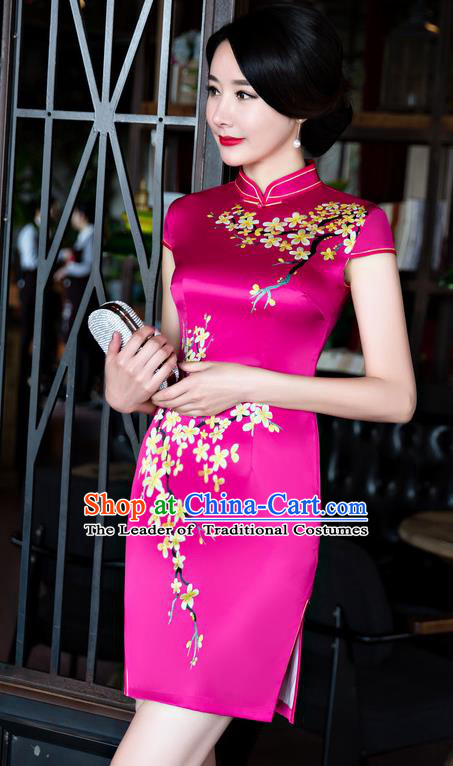 Chinese Top Grade Retro Rosy Silk Qipao Dress Traditional Republic of China Tang Suit Short Cheongsam for Women