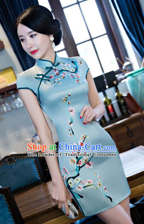 Chinese Top Grade Retro Blue Silk Qipao Dress Traditional Republic of China Tang Suit Short Cheongsam for Women