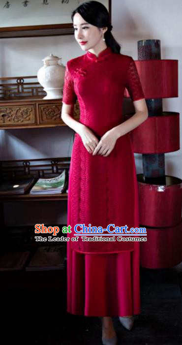 Chinese Top Grade Retro Wine Red Lace Qipao Dress Traditional Republic of China Tang Suit Cheongsam for Women