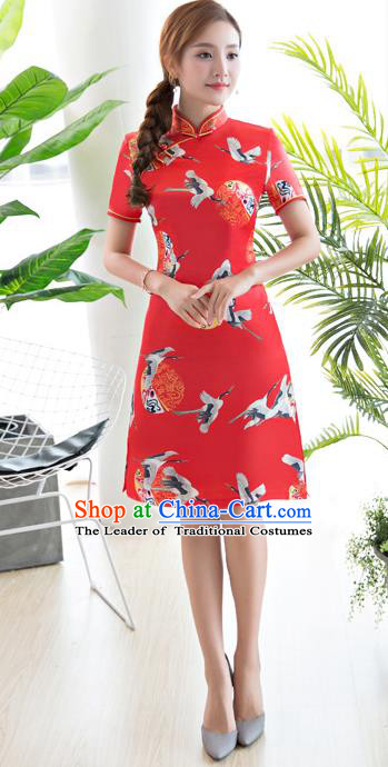 Chinese National Costume Tang Suit Printing Crane Red Qipao Dress Traditional Republic of China Cheongsam for Women