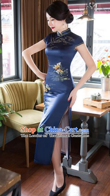 Chinese National Costume Tang Suit Qipao Dress Traditional Republic of China Navy Silk Cheongsam for Women