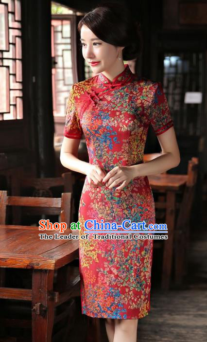 Chinese National Costume Tang Suit Qipao Dress Traditional Republic of China Red Cheongsam for Women