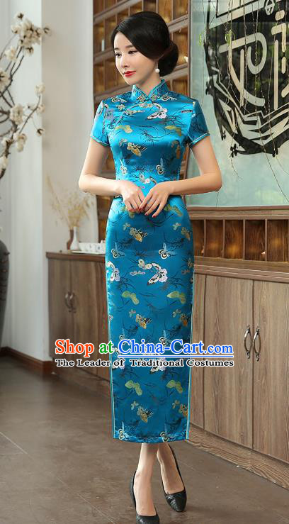 Chinese National Costume Tang Suit Qipao Dress Traditional Republic of China Blue Brocade Cheongsam for Women