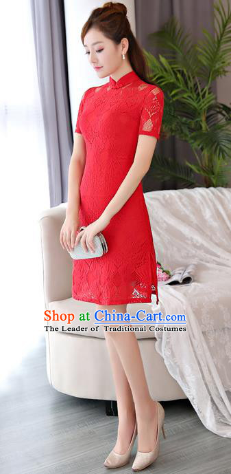 Chinese National Costume Tang Suit Red Lace Qipao Dress Traditional Republic of China Cheongsam for Women