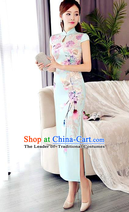 Chinese National Costume Tang Suit Qipao Dress Traditional Republic of China Printing Blue Cheongsam for Women