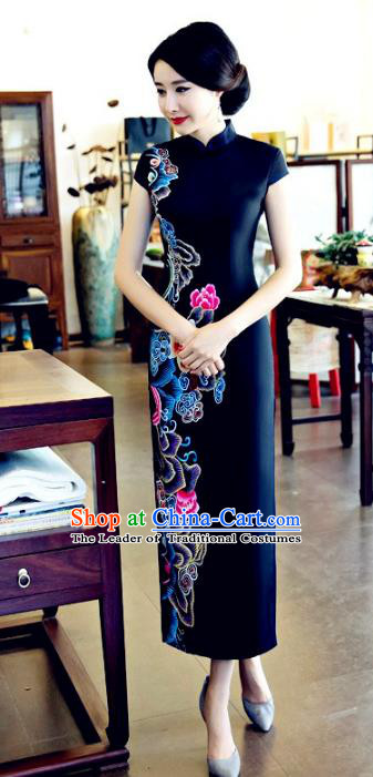Chinese National Costume Tang Suit Printing Peony Qipao Dress Traditional Republic of China Black Silk Cheongsam for Women