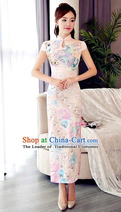 Chinese National Costume Tang Suit Qipao Dress Traditional Republic of China Printing Pink Cheongsam for Women