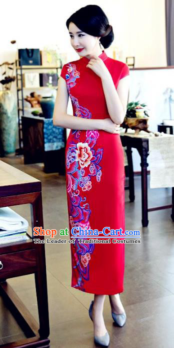Chinese National Costume Tang Suit Printing Peony Qipao Dress Traditional Republic of China Red Silk Cheongsam for Women