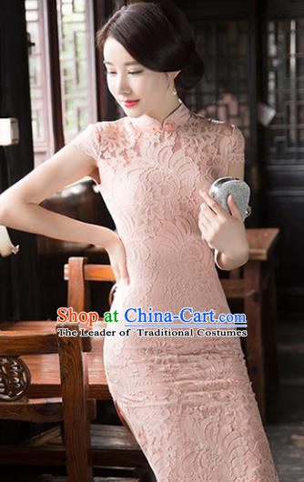 Chinese National Costume Tang Suit Qipao Dress Traditional Republic of China Pink Lace Cheongsam for Women