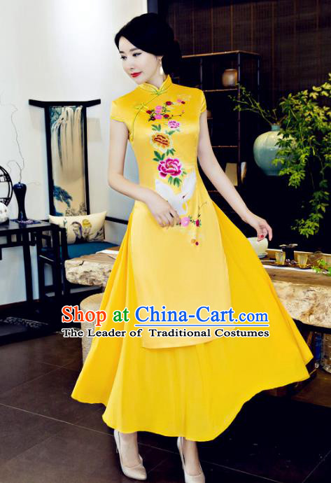 Chinese National Costume Tang Suit Printing Crane Peony Qipao Dress Traditional Republic of China Yellow Silk Cheongsam for Women