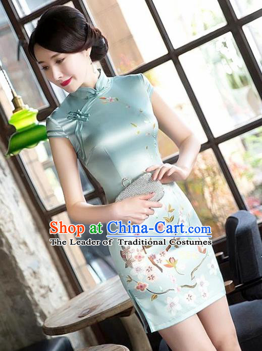 Chinese National Costume Tang Suit Printing Qipao Dress Traditional Republic of China Green Silk Cheongsam for Women