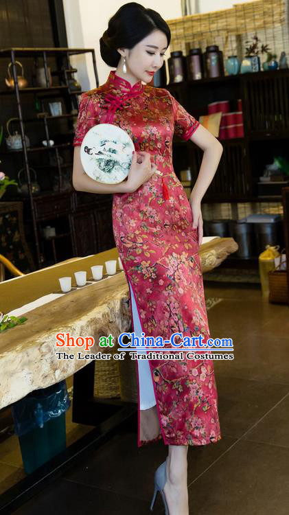 Chinese National Costume Tang Suit Printing Retro Qipao Dress Traditional Republic of China Red Silk Cheongsam for Women