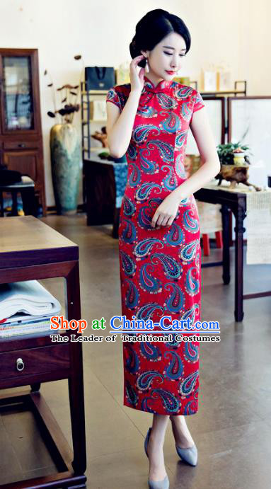 Chinese National Costume Retro Printing Rosy Silk Qipao Dress Traditional Republic of China Tang Suit Cheongsam for Women