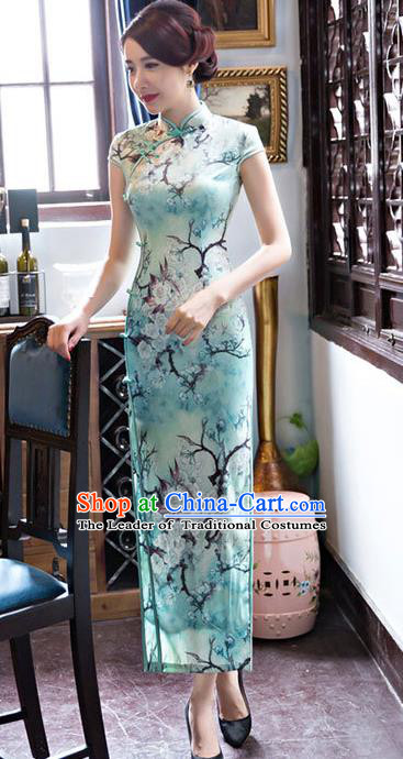 Chinese National Costume Retro Printing Flowers Green Silk Qipao Dress Traditional Republic of China Tang Suit Cheongsam for Women