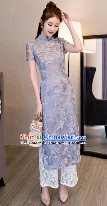 Chinese National Costume Retro Grey Lace Qipao Dress Traditional Republic of China Tang Suit Cheongsam for Women