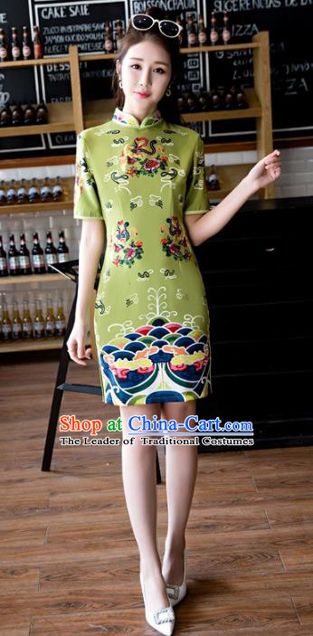 Chinese Top Grade Retro Green Qipao Dress Traditional Republic of China Tang Suit Short Cheongsam for Women