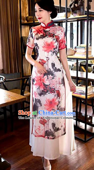 Chinese Top Grade Elegant Ink Painting Lotus Qipao Dress Traditional Republic of China Tang Suit Pink Cheongsam for Women