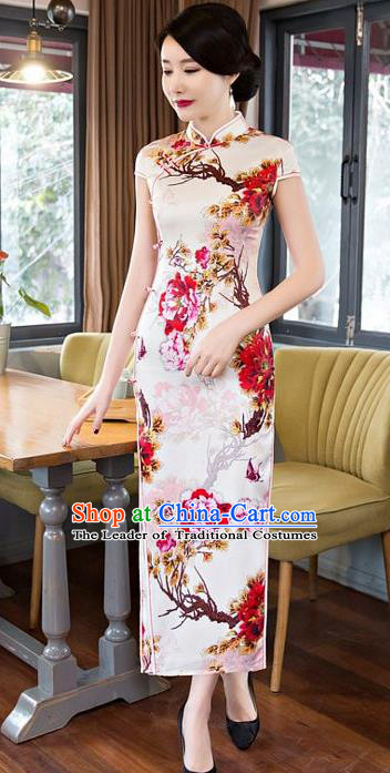 Top Grade Chinese Elegant Printing Flowers Cheongsam Traditional Republic of China Tang Suit Silk Qipao Dress for Women