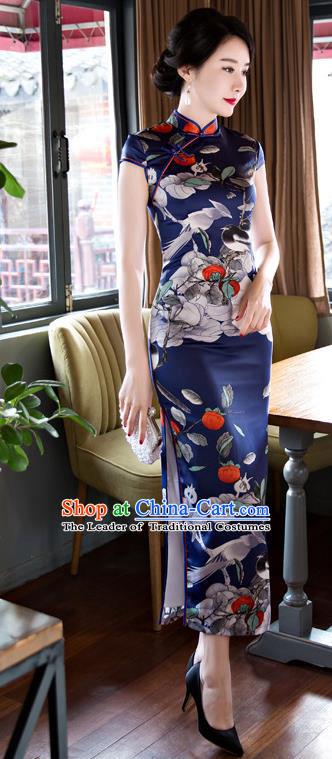 Top Grade Chinese Elegant Printing Birds Navy Cheongsam Traditional Republic of China Tang Suit Silk Qipao Dress for Women