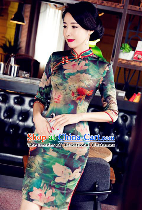 Top Grade Chinese Elegant Printing Lotus Green Cheongsam Traditional Republic of China Tang Suit Silk Qipao Dress for Women
