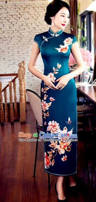 Top Grade Chinese Elegant Peacock Green Cheongsam Traditional Republic of China Tang Suit Silk Qipao Dress for Women