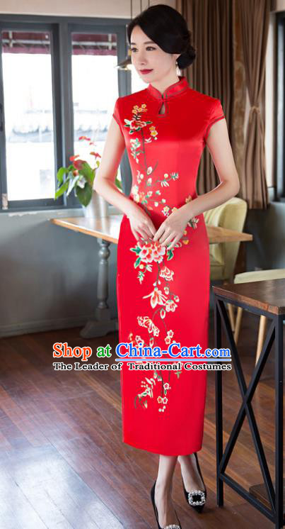 Top Grade Chinese Elegant Cheongsam Traditional China Tang Suit Red Silk Qipao Dress for Women