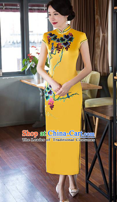 Top Grade Chinese Elegant Cheongsam Traditional China Tang Suit Printing Yellow Silk Qipao Dress for Women