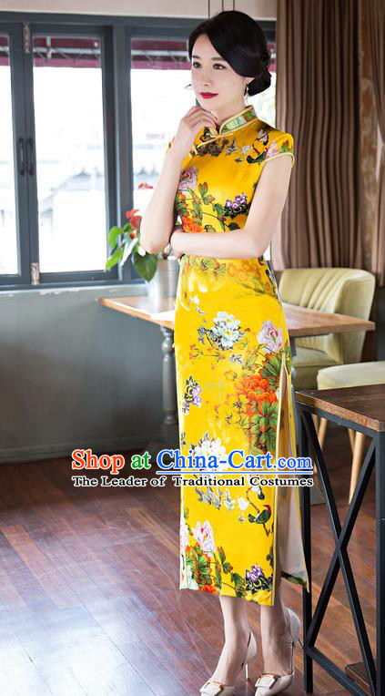 Top Grade Chinese Elegant Cheongsam Traditional China Tang Suit Printing Peony Yellow Silk Qipao Dress for Women