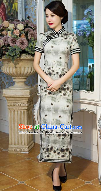 Top Grade Chinese Elegant Cheongsam Traditional China Tang Suit Printing Grey Silk Qipao Dress for Women