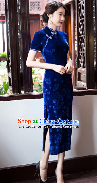 Top Grade Chinese Elegant Cheongsam Traditional China Tang Suit Blue Velvet Qipao Dress for Women