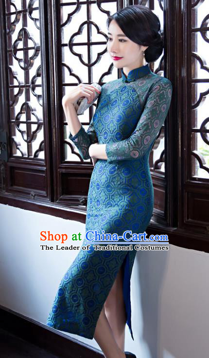 Top Grade Chinese Elegant Cheongsam Traditional China Tang Suit Blue Lace Qipao Dress for Women