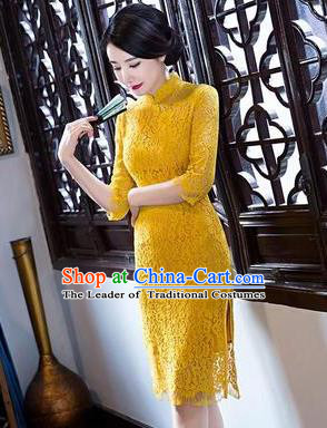 Top Grade Chinese Elegant Short Cheongsam Traditional China Tang Suit Yellow Lace Qipao Dress for Women