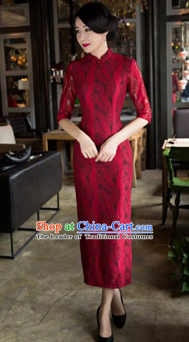 Top Grade Chinese Elegant Cheongsam Traditional China Red Lace Tang Suit Qipao Dress for Women