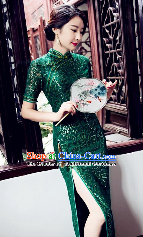 Top Grade Chinese Elegant Green Cheongsam Traditional China Tang Suit Qipao Dress for Women