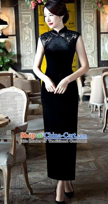 Chinese Top Grade Elegant Black Silk Lace Qipao Dress Traditional Republic of China Tang Suit Cheongsam for Women