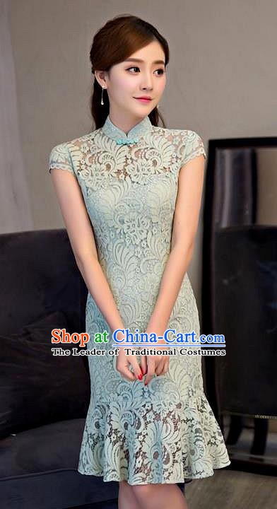 Chinese Top Grade Elegant Qipao Dress Traditional Republic of China Tang Suit Green Lace Short Cheongsam for Women