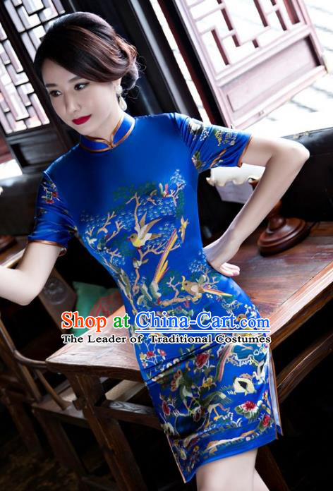 Chinese Top Grade Elegant Cheongsam Traditional Republic of China Tang Suit Blue Qipao Dress for Women