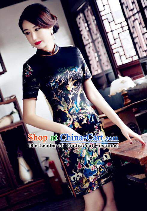 Chinese Top Grade Elegant Cheongsam Traditional Republic of China Tang Suit Black Qipao Dress for Women