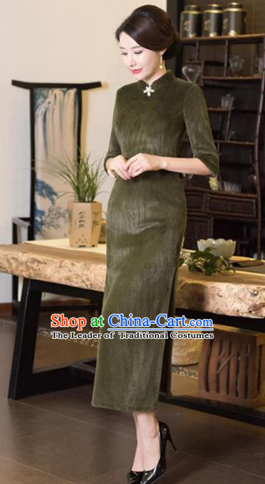Chinese Top Grade Elegant Olive Green Wool Cheongsam Traditional Republic of China Tang Suit Qipao Dress for Women