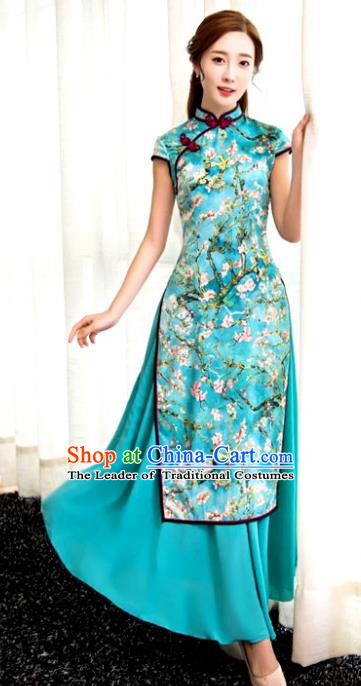 Chinese Top Grade Elegant Printing Green Cheongsam Traditional Republic of China Tang Suit Qipao Dress for Women