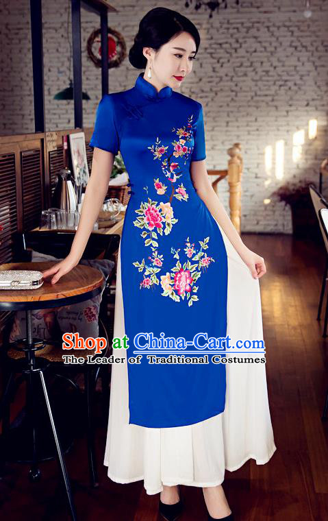 Chinese Top Grade Elegant Printing Peony Blue Cheongsam Traditional Republic of China Tang Suit Qipao Dress for Women