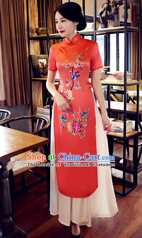 Chinese Top Grade Elegant Printing Peony Orange Cheongsam Traditional Republic of China Tang Suit Qipao Dress for Women