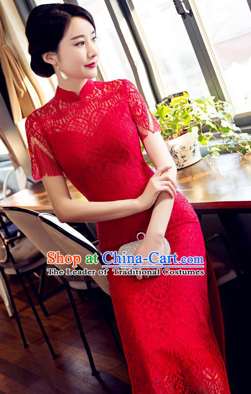 Chinese Top Grade Elegant Cheongsam Traditional Republic of China Tang Suit Red Lace Qipao Dress for Women