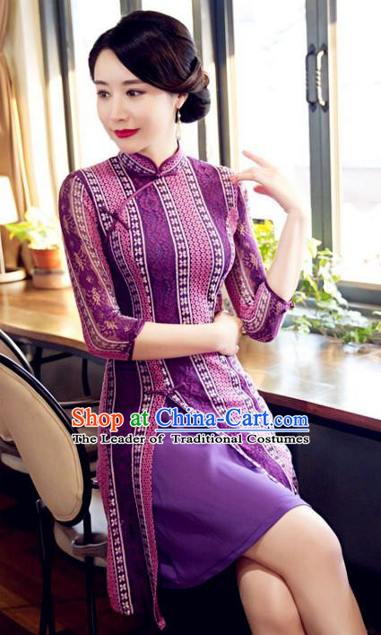 Chinese Top Grade Elegant Short Cheongsam Traditional Republic of China Tang Suit Purple Lace Qipao Dress for Women