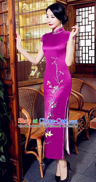 Chinese Top Grade Elegant Cheongsam Traditional Republic of China Tang Suit Purple Silk Qipao Dress for Women