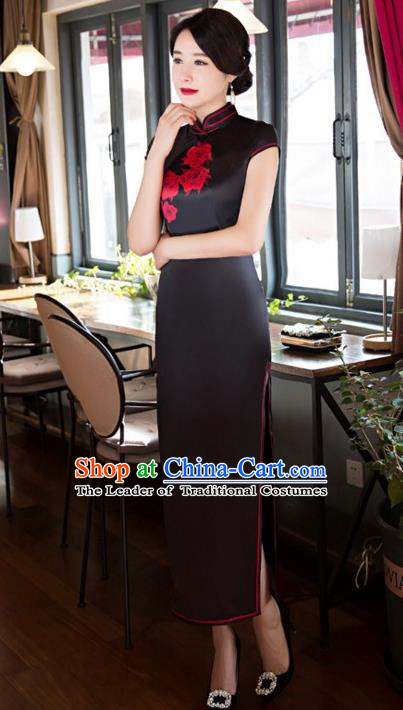 Chinese Top Grade Elegant Printing Flowers Cheongsam Traditional Republic of China Tang Suit Black Silk Qipao Dress for Women