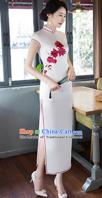 Chinese Top Grade Elegant Printing Flowers Cheongsam Traditional Republic of China Tang Suit White Silk Qipao Dress for Women